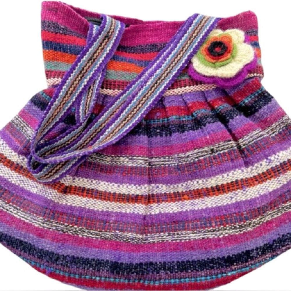 Boho Woven Multicolor Colorful Striped Floral Purse Hobo Bag Handbag Pink Purple